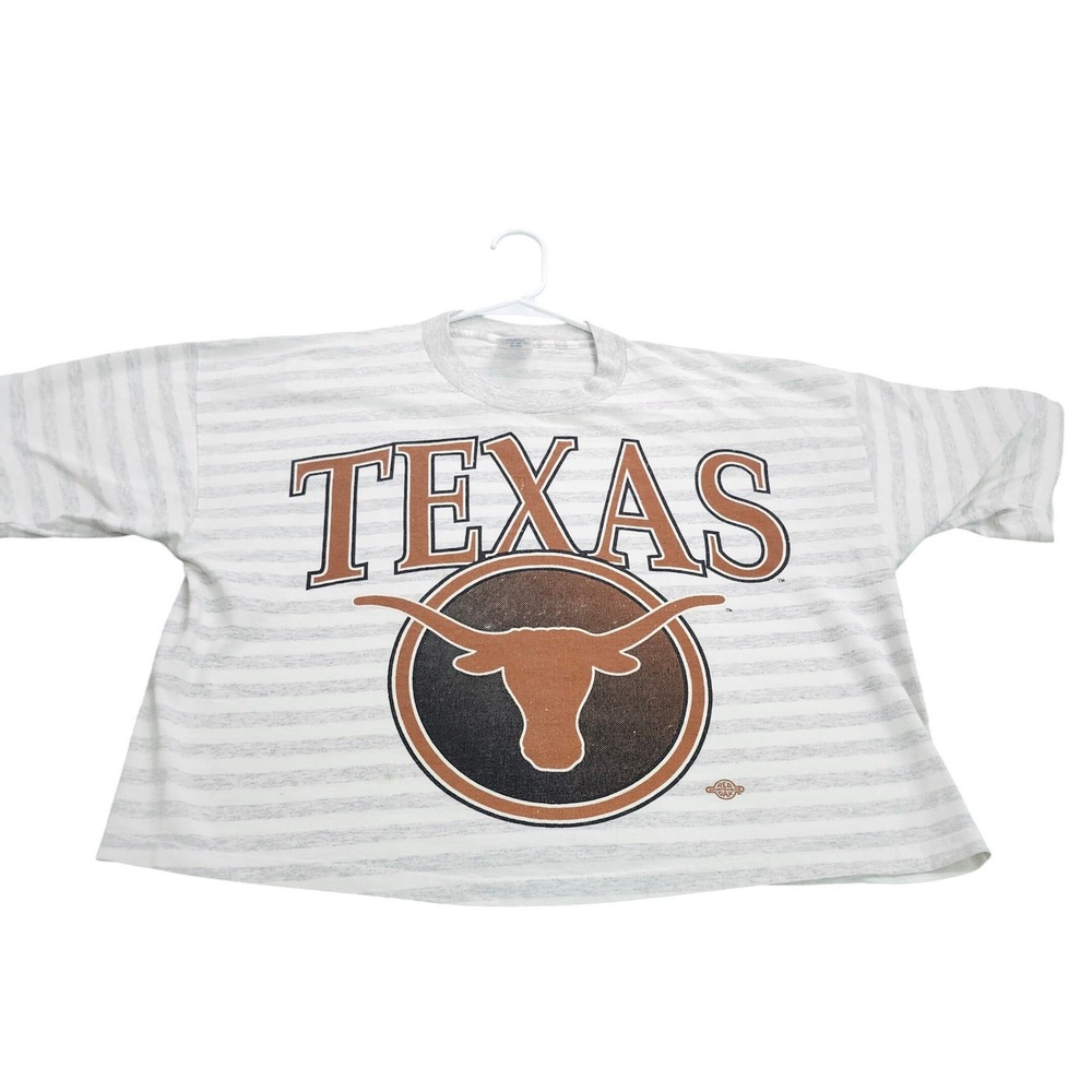 Vintage Texas Longhorns Striped Cropped T-Shirt Belton Made in USA OSFA Grey